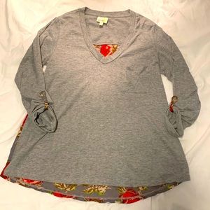 Anthropologie 3/4 Length SleevE Tee with front pocket and floral back accent